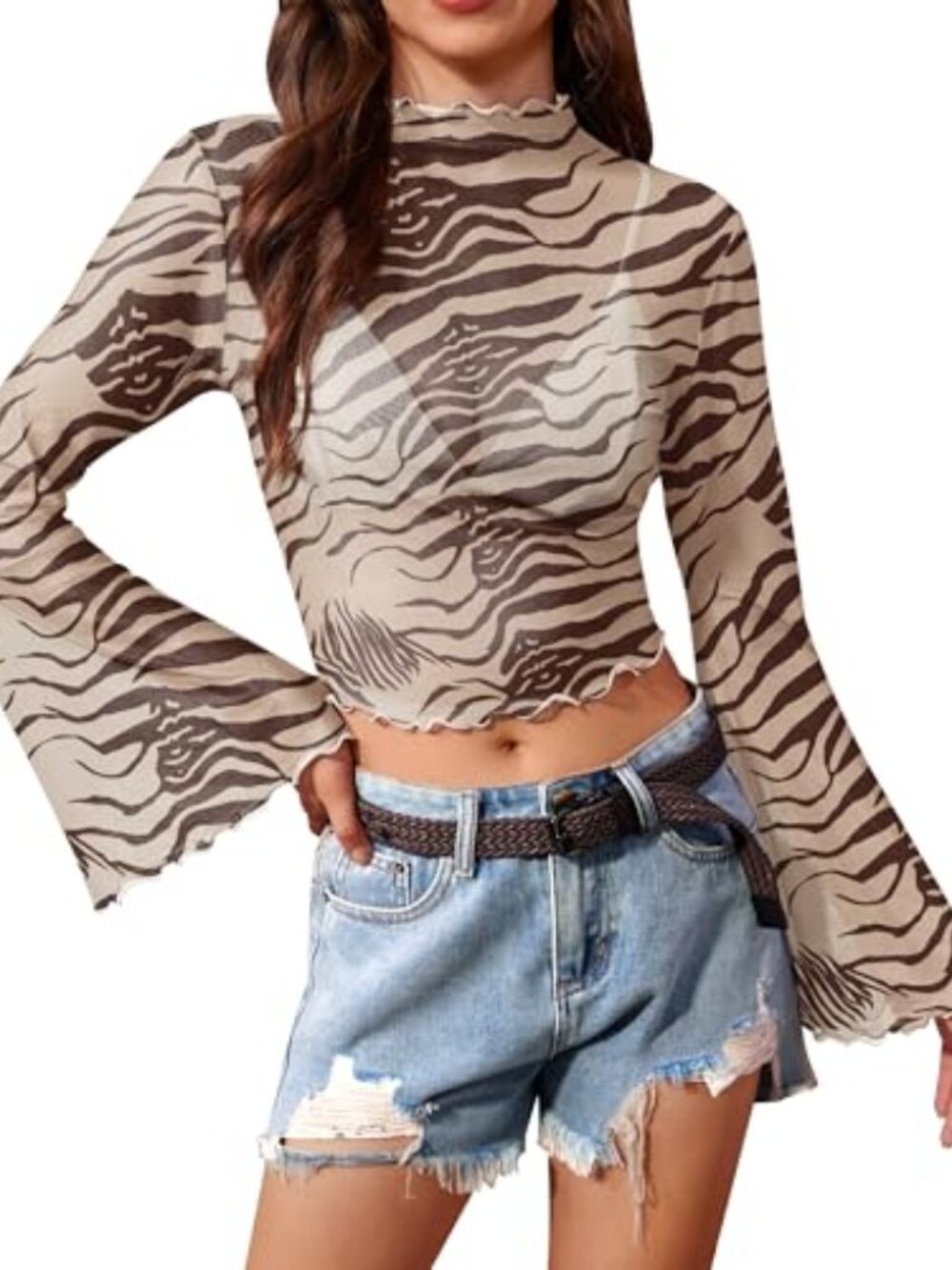 Women's Halloween 70s Hippie Bell Sleeve Shirt | Mock Neck Lettuce Trim Mesh